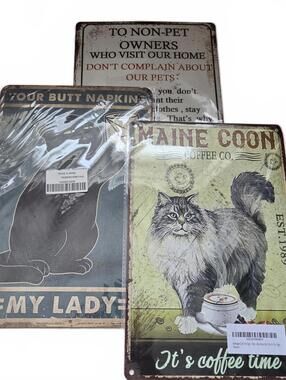 Tin Sign Lot / Cat Theme / Maine Coon / Black Cat Butt Napkins / 8"x12" / New
